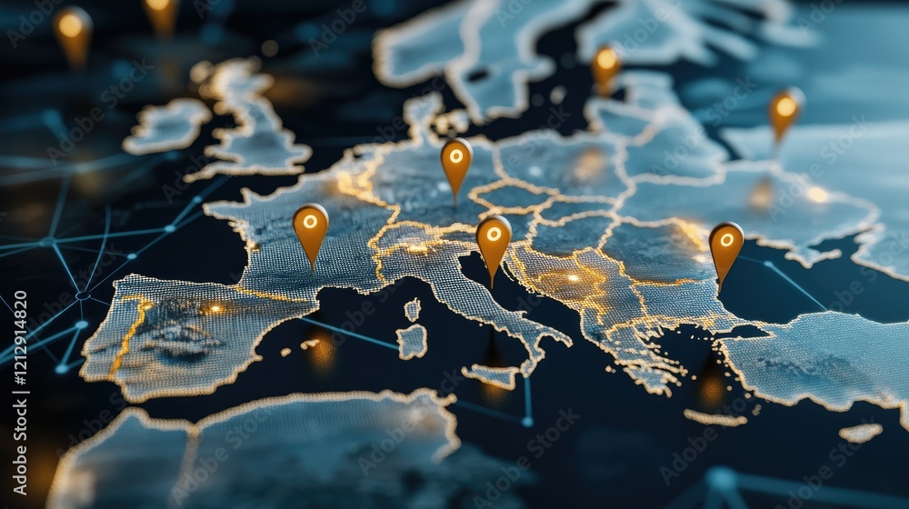 Poster detailed digital map of europe highlighting locations with pins and intricate network graphics that 