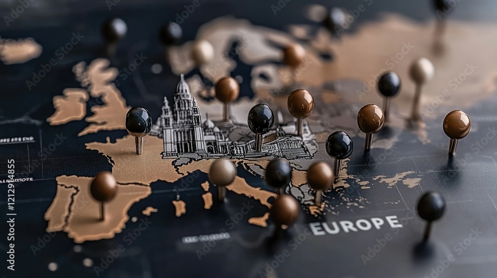 Poster exploring europe with pins marking key locations on an interactive map showcasing significant cities