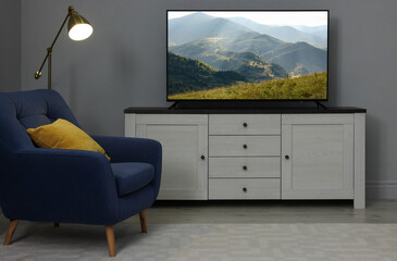 TV set with nature landscape on screen in room