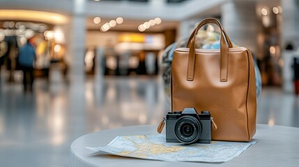 A collection of travel essentials beautifully arranged on a sleek table inside a contemporary airport bathed in daylight