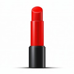 Obraz premium Elegant red lipstick tube standing upright against a clean white background, showcasing a classic beauty product for timeless glam.