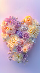 Obraz premium Heart-shaped flower arrangement with soft pastel hues, on a light purple gradient background