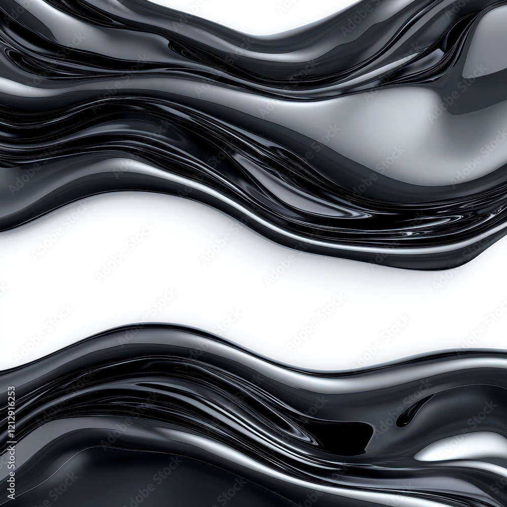 Poster abstract flowing liquid waves in black and white with smooth, glossy surface textures creating a mod