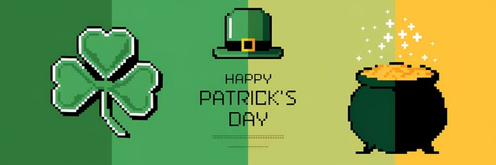 A creative minimalist Saint Patrick's Day poster design with a pixel theme. The poster features a shamrock, a leprechaun, a pot of gold, and the text "Happy Saint Patrick's Day". 