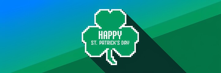 A minimalist Saint Patrick's Day poster design with a pixel theme. There is a green shamrock with a white outline. The text "Happy St. Patrick's Day" is written in white, with a green shadow. 