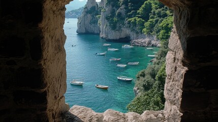 Naklejka premium Through a rustic window, a serene coastal landscape unfolds, with several boats gently floating in calm waters, framed by verdant foliage on a foggy day