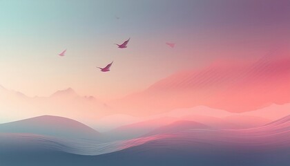Colorful skies blend gently with mountains as birds gracefully soar over serene spring landscapes.