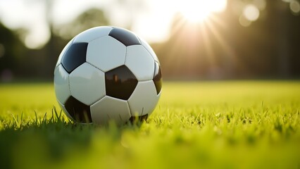 Fototapeta premium Soccer Ball on a Grass Field at Sunset, football, sports