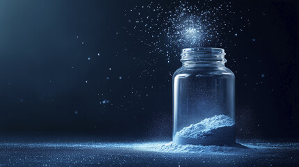 Liquid in a glass bottle. Powder, jar, dark, background blue, flies, glare. Flies in the blue and white glare. A jar of dark blue background powder flies in the dark. A bottle of water with lifestyle.