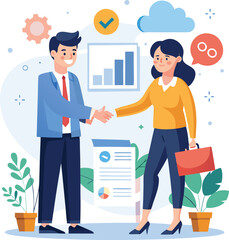 People shaking hands at work - Two businesspeople, man and woman doing handshake in office at work while smiling over business agreement and deal. Flat design stock illustration on white background