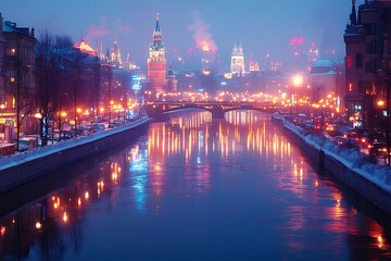 Obraz premium Night view of the illuminated Moscow Kremlin and bridge over the river