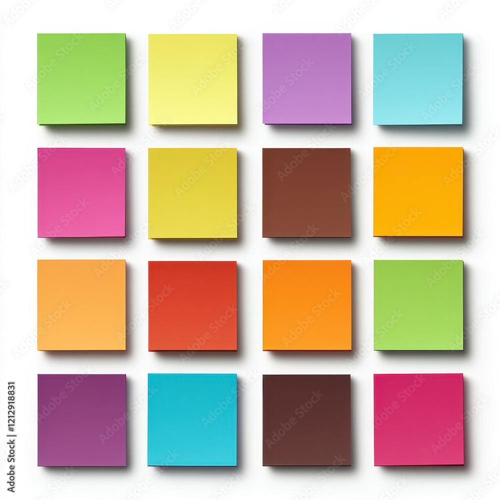 Poster a vibrant arrangement of colorful sticky notes in a grid pattern, showcasing a variety of hues for c
