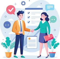 People shaking hands at work - Two businesspeople, man and woman doing handshake in office at work while smiling over business agreement and deal. Flat design stock illustration on white background