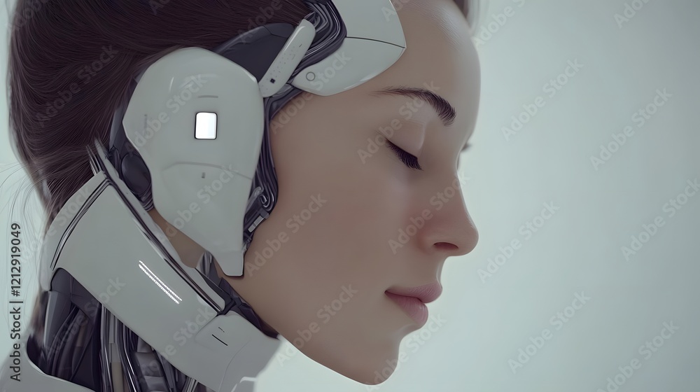Poster a futuristic humanoid robot with a serene expression, blending technology and human features.