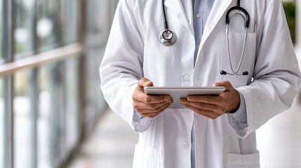 Professional doctor holding tablet in modern hospital corridor with stethoscope