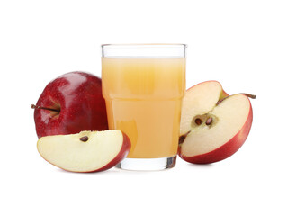 Tasty apple juice and fresh fruits isolated on white
