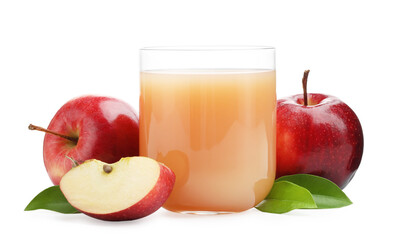 Tasty apple juice and fresh fruits isolated on white