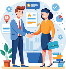 People shaking hands at work - Two businesspeople, man and woman doing handshake in office at work while smiling over business agreement and deal. Flat design stock illustration on white background