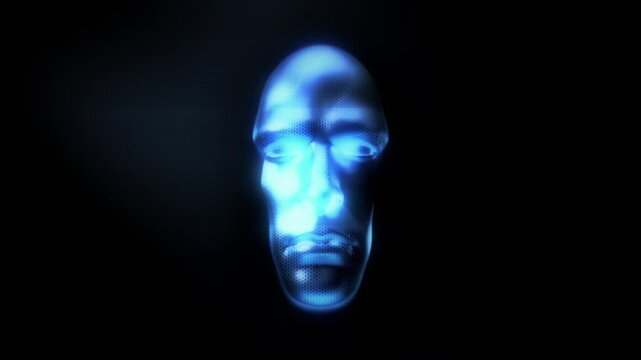 A face emerges from television white noise static with a weak TV signal and noise effects.