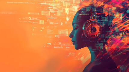 The fusion of music and AI, depicted with floating digital patterns, coding streams, and vibrant abstract backgrounds.