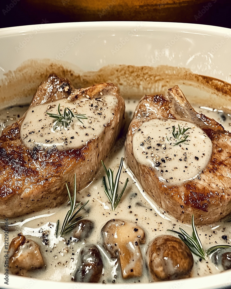 Wall mural Creamy Mushroom Pork Chops with Garlic and Thyme Sauce