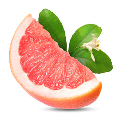 Juicy grapefruit slice and citrus plant branch isolated on white