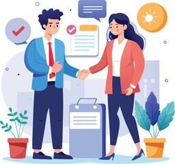 People shaking hands at work - Two businesspeople, man and woman doing handshake in office at work while smiling over business agreement and deal. Flat design stock illustration on white background