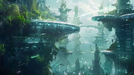 Futuristic Cityscape Verdant Towers And Flying Structures