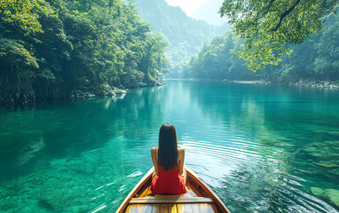 Fototapeta premium Woman in a Boat on Turquoise Waters Surrounded by Tropical Landscapes and Mountains, Capturing Travel and Relaxation Themes
