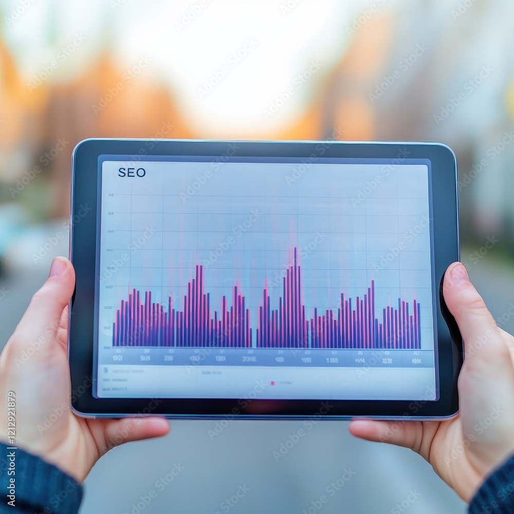 Poster a person holds a tablet displaying a colorful seo analytics graph against a blurred street backdrop.