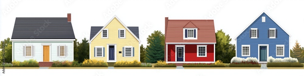 Poster a row of four colorful saltbox style houses, each with distinct architectural styles. the first hous