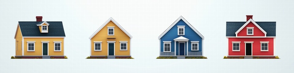 A collection of four colorful Saltbox style houses in a row, featuring a yellow house, a blue house, a red house, and a traditional-style house. Each house has distinct architectural features.