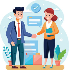 People shaking hands at work - Two businesspeople, man and woman doing handshake in office at work while smiling over business agreement and deal. Flat design stock illustration on white background