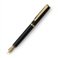 Elegant black fountain pen with gold accents resting on a clean white background, symbolizing creativity and professionalism
