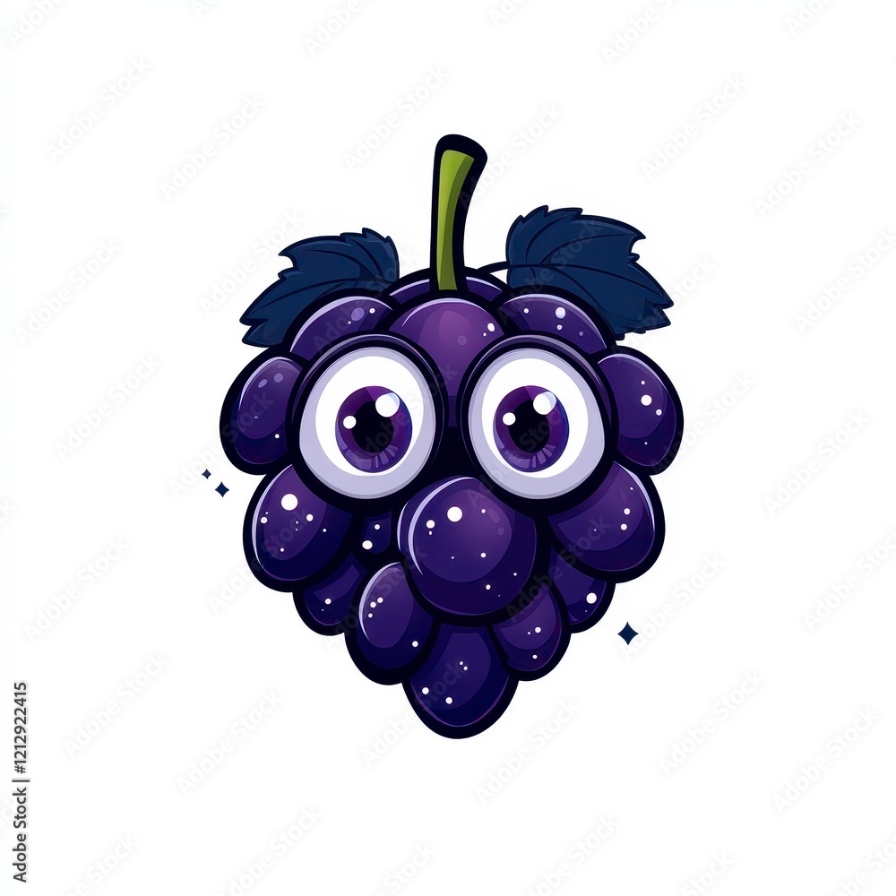 Poster cute cartoon grape character with large eyes and playful expression isolated on a white background.