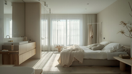 Minimalist master bedroom with attached bathroom. generative ai.