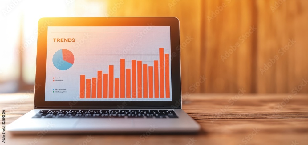 Poster a laptop displaying colorful graphs and charts on a wooden table, highlighting data analysis and tre