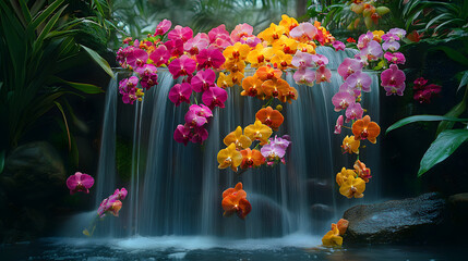A cascading orchid waterfall, with layers of vibrant blooms flowing like a colorful cascade, during an enchanting garden display