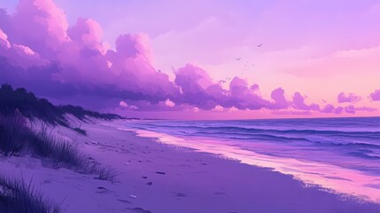 A dreamy pink and purple beach landscape with dunes, sea, and cloudy sky at sunset