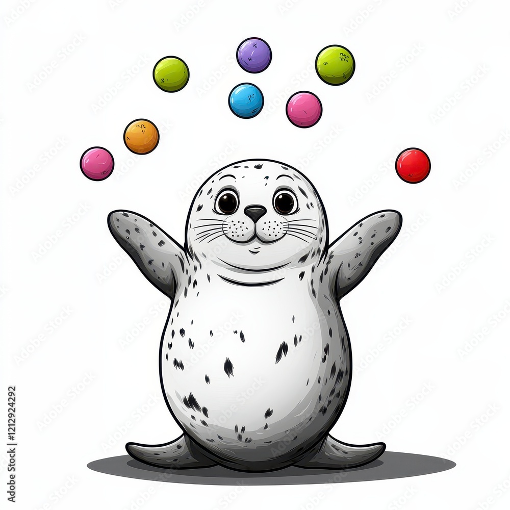 Poster a playful seal character juggling colorful balls with a joyful expression in a whimsical cartoon sty
