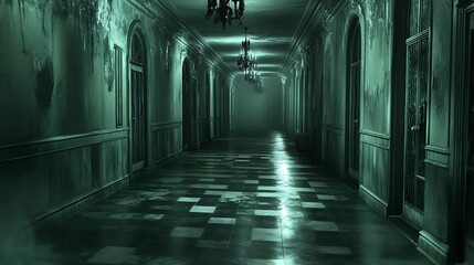 A spooky horror video game scene, with the player navigating a dark, abandoned asylum