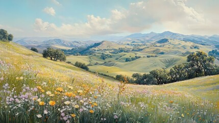 Obraz premium A picturesque landscape with rolling hills, vibrant wildflowers and scattered trees under a cloudy sky