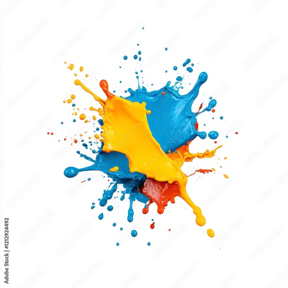 Poster dynamic explosion of vibrant blue, yellow, and red paint splashes creating an artistic and colorful 