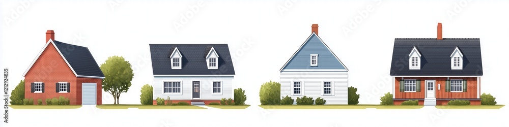 Poster a row of four distinct saltbox style houses showcasing different architectural styles. the first hou