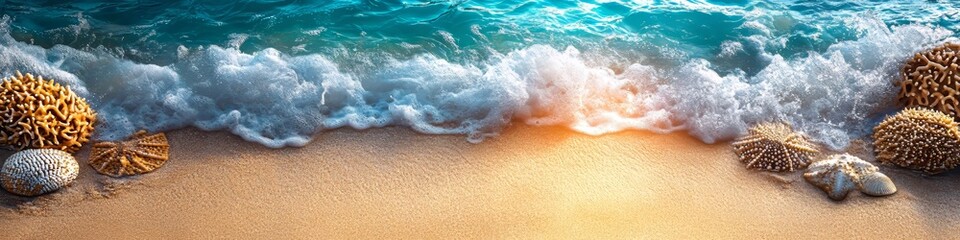 Fototapeta premium Serene Seashore Ocean Waves Gently Washing Ashore on Sandy Beach with Seashells and Coral