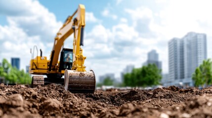 Excavator digs urban construction site; city skyline.  Use construction industry
