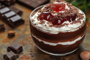 Delicious chocolate dessert served in a bowl with whipped cream and cherries on top
