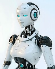 A futuristic humanoid robot with sleek design and glowing blue accents.