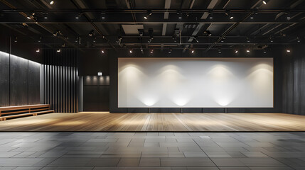 Modern exhibition hall interior with white mock-up banners on dark wall. generative ai.