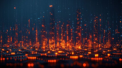 Fototapeta premium Digital city at night with data flow.